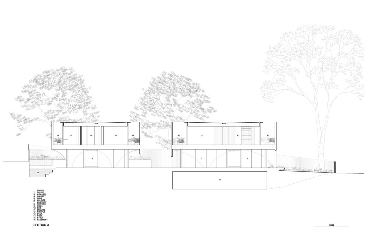 Arched concrete walls wrap a pair of houses as a secondary shelter in Australia