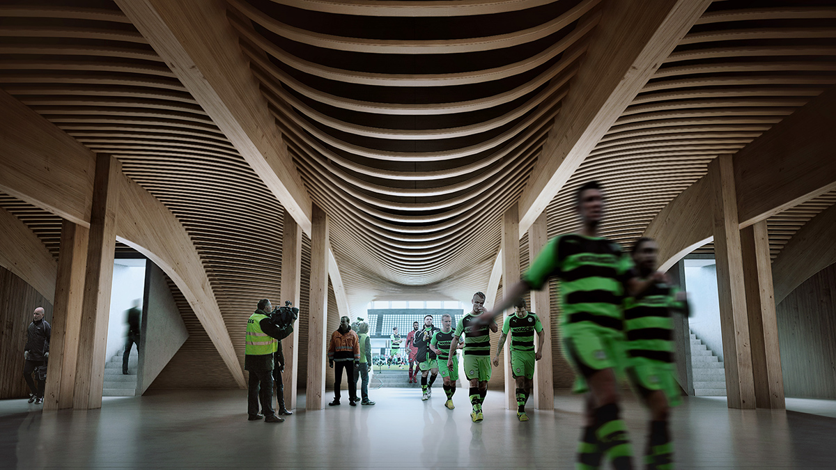 Zaha Hadid Architects' all-timber football stadium in Stroud gets approval from the City Council