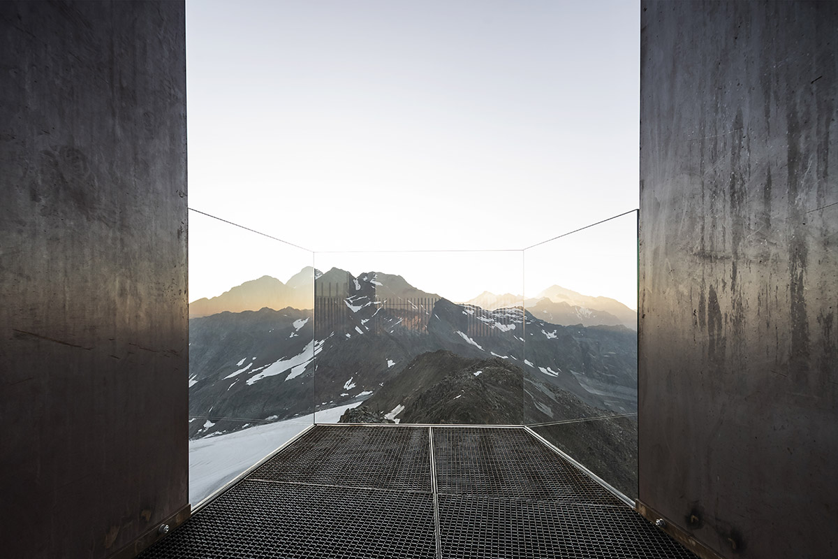 noa* network of architecture built corten steel viewing platform on the Schnals Valley Glacier ridge