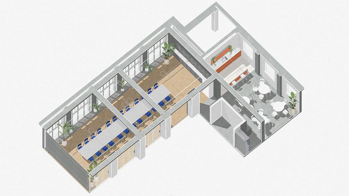 Studio Cosmo revitalizes Pudis offices featuring a stainless steel backdrop in Prague