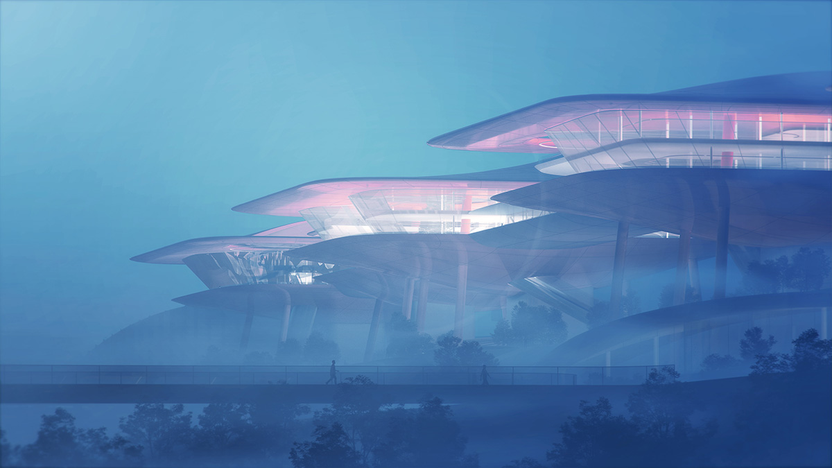 MAD designs futuristic walking city for cruise centre with elevated gantry crane-looking buildings 