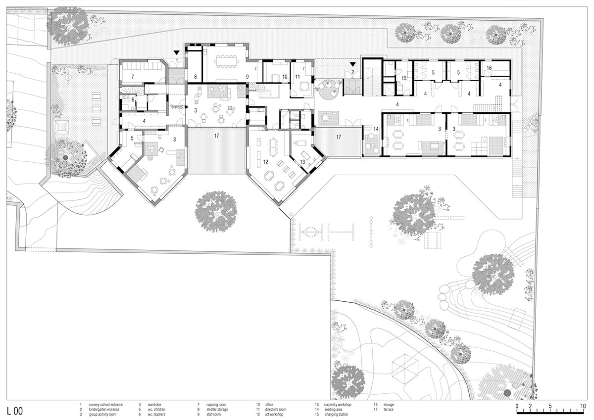 Zigzagged-profiled school featuring trapezoidal legs evokes traditional Tartan fabric in Terlano