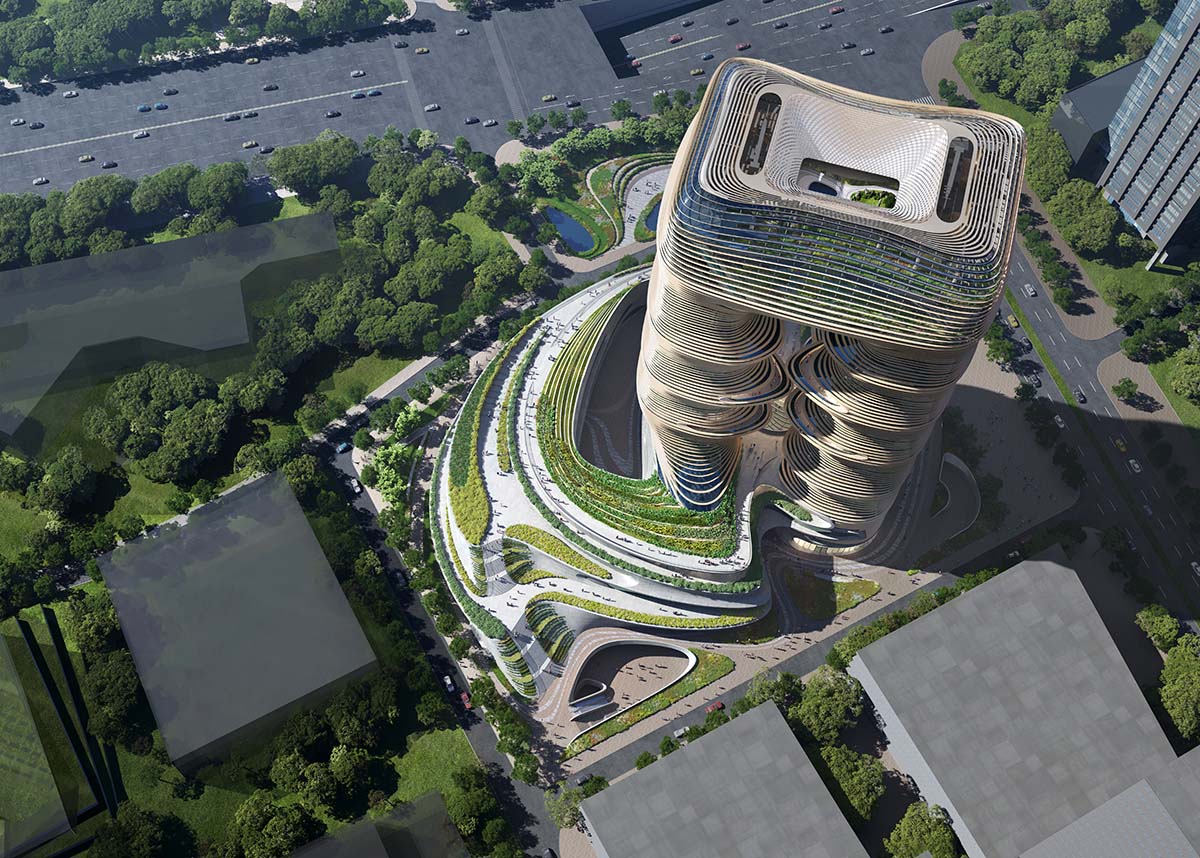 Zaha Hadid Architect's striated Yidan Center reaches its maximum height in Shenzhen 