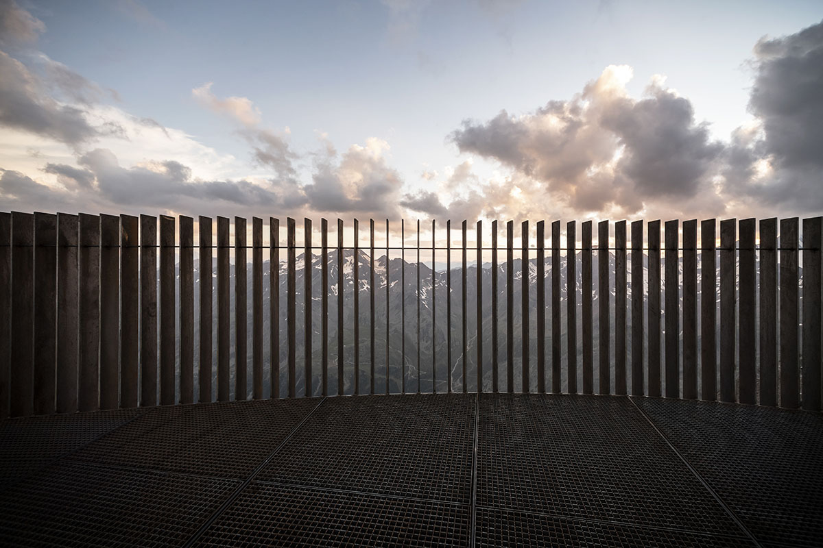 noa* network of architecture built corten steel viewing platform on the Schnals Valley Glacier ridge