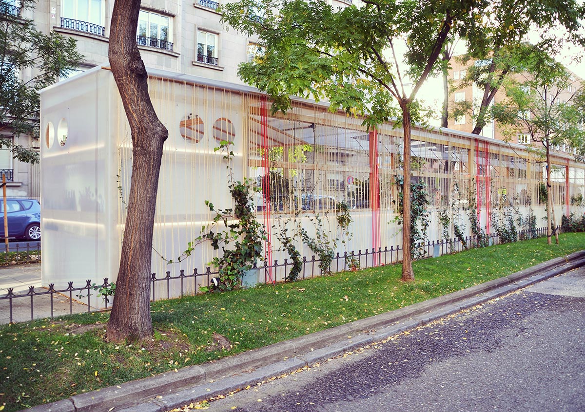 delaVegaCanolasso completes moveable urban pavilion with striped-facade in Madrid