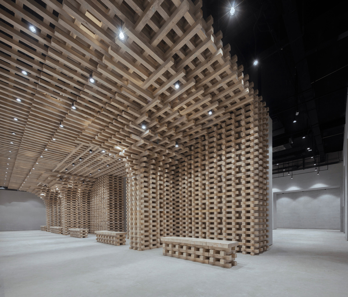 BANDe Architects combines greyscale interior with gridded wooden structures for GreenMonster Lab