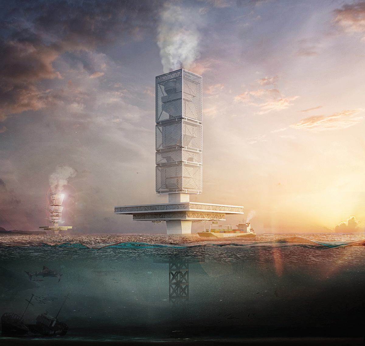 Honglin Li's floating skyscraper converts waste into energy in the Great Pacific Garbage Patch