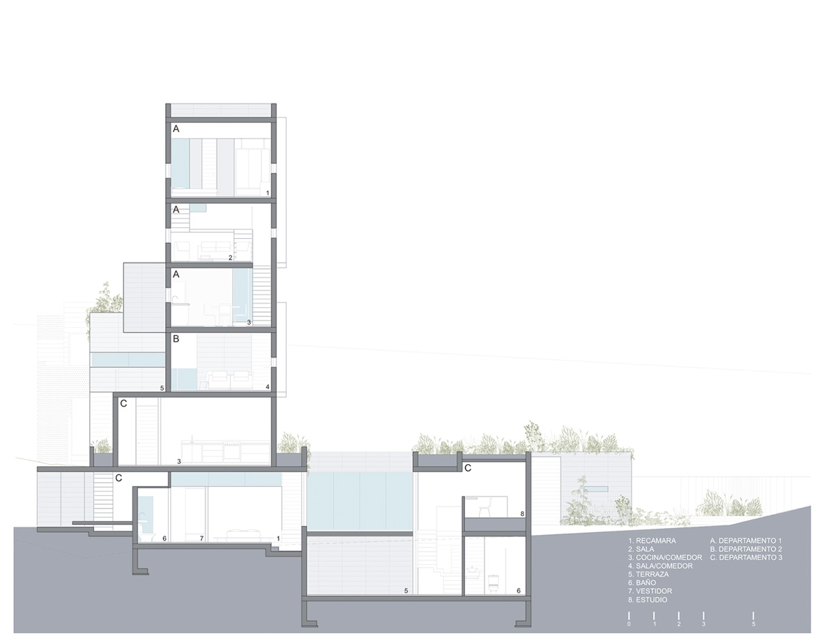 Earth-toned apartment building prioritizes views towards a forest in Coatepec, Mexico
