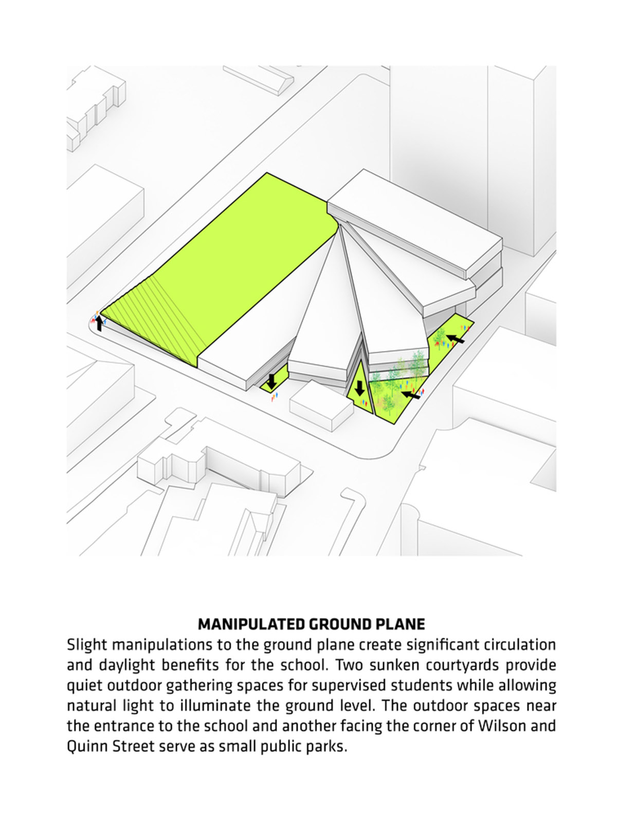 Five rectangular volumes rotating around a fixed pivot point form BIG-designed educational building