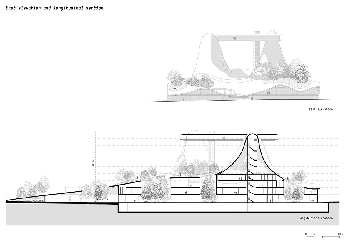 noa* предлагает органическую плавучую библиотеку, окруженную парой холмистых построек над парком Порта-Виттория.
