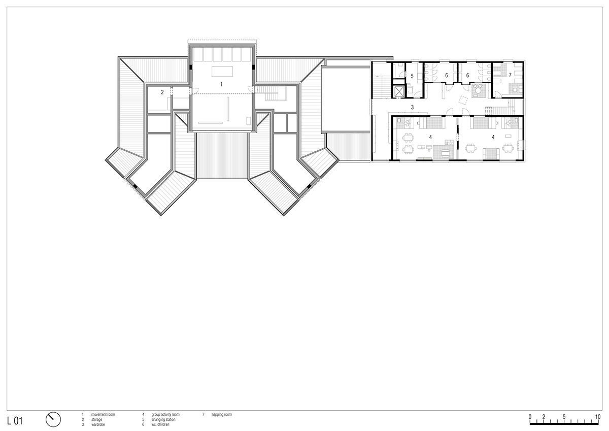 Zigzagged-profiled school featuring trapezoidal legs evokes traditional Tartan fabric in Terlano