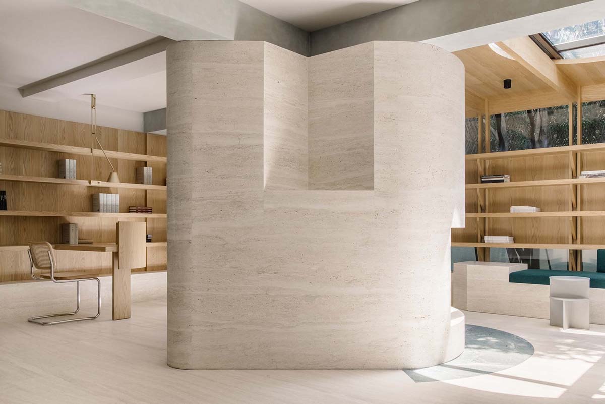Atelier tao+c creates reading room with semi-circular bookshelves and timber structures in Shanghai 