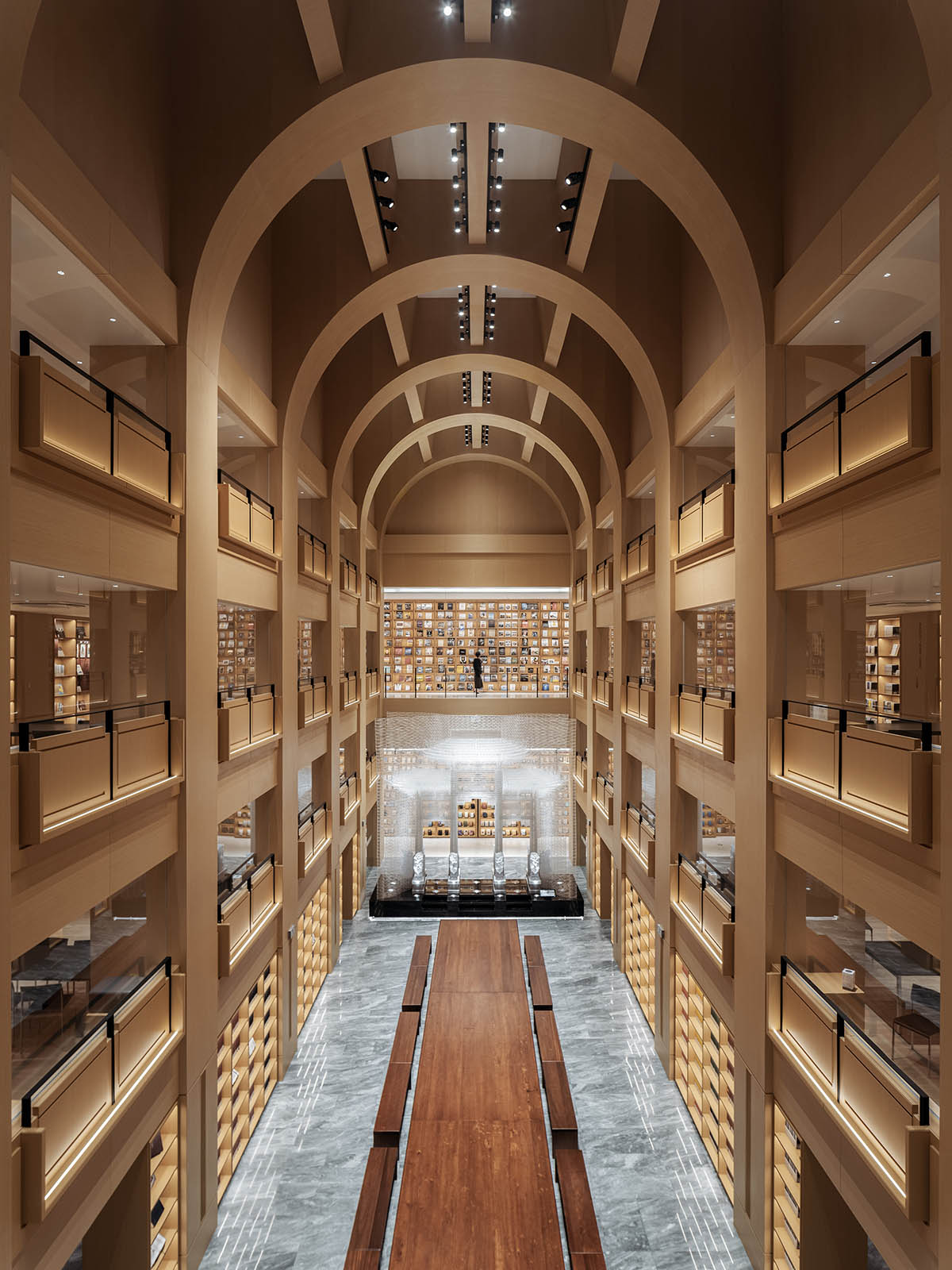 Zikawei Library features a spacious atrium with deep alcoves inspired by Chinese trousseau box