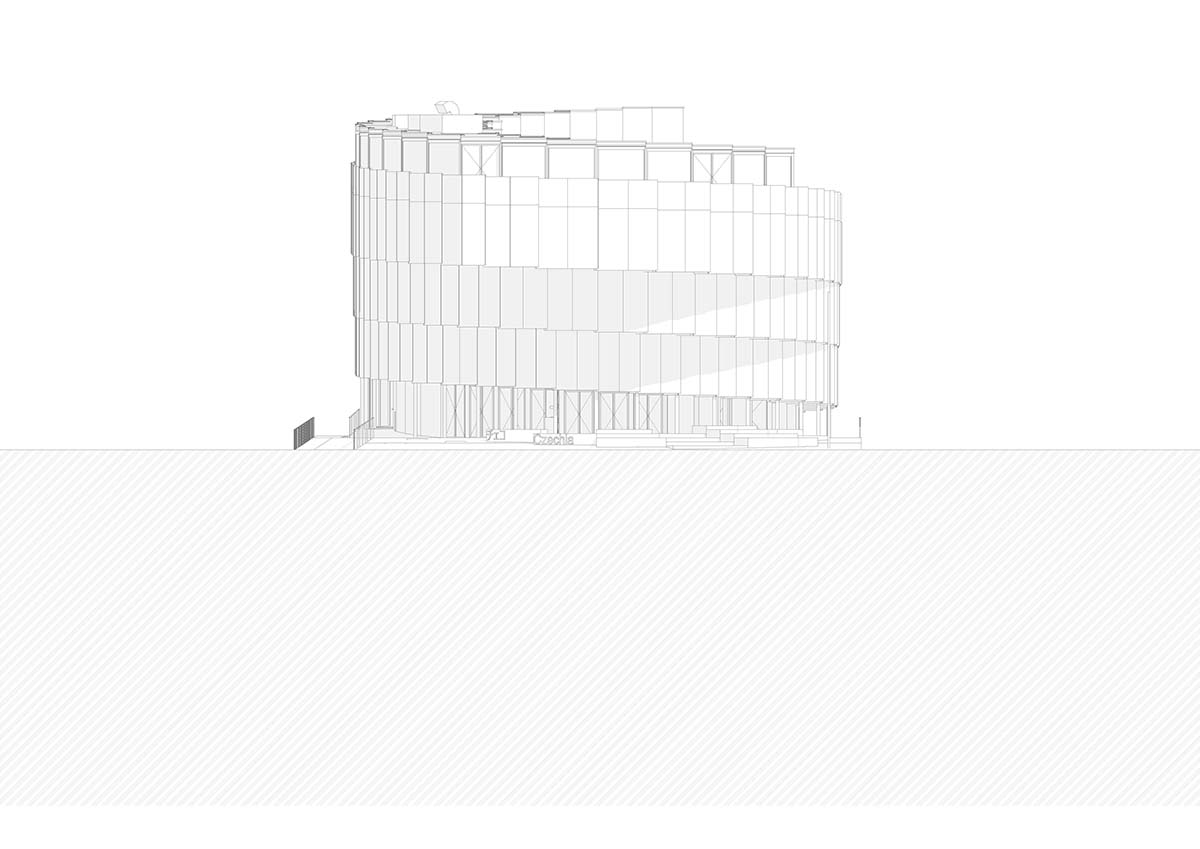 Rotating glass and wooden volumes reflect energy and continuous development at the Czech Pavilion 