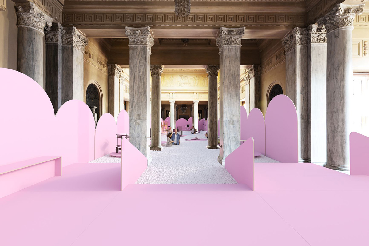 Vasku & Klug transfroms Sala Reale into design pool filled with pink-colored arches and a sea of foam