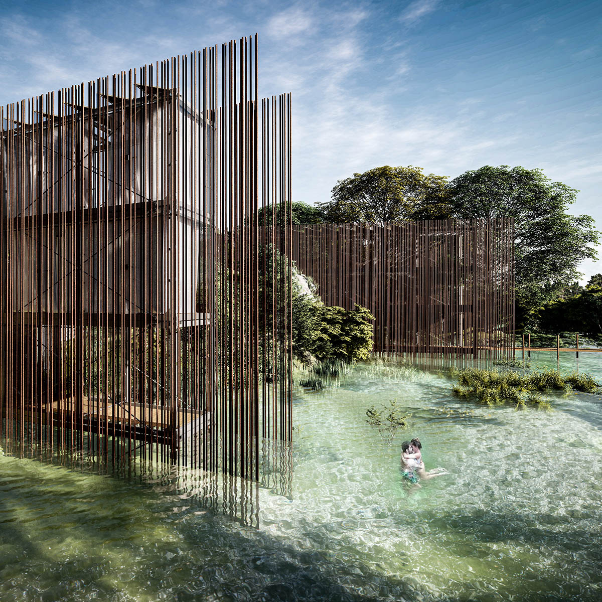 Tetro Arquitetura wraps tropical house with stell rebars to soften sunlight in a lush nature of Bahia