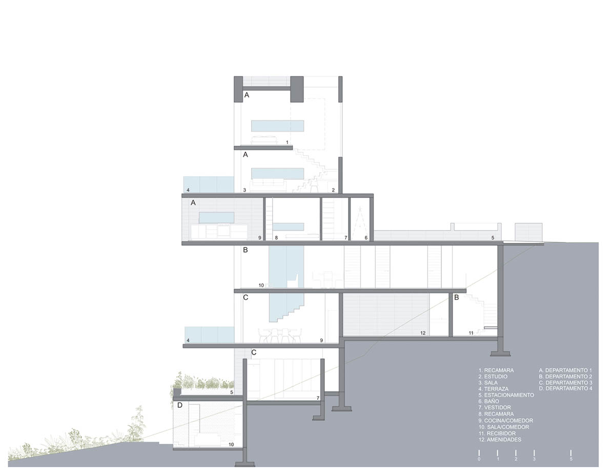 Earth-toned apartment building prioritizes views towards a forest in Coatepec, Mexico