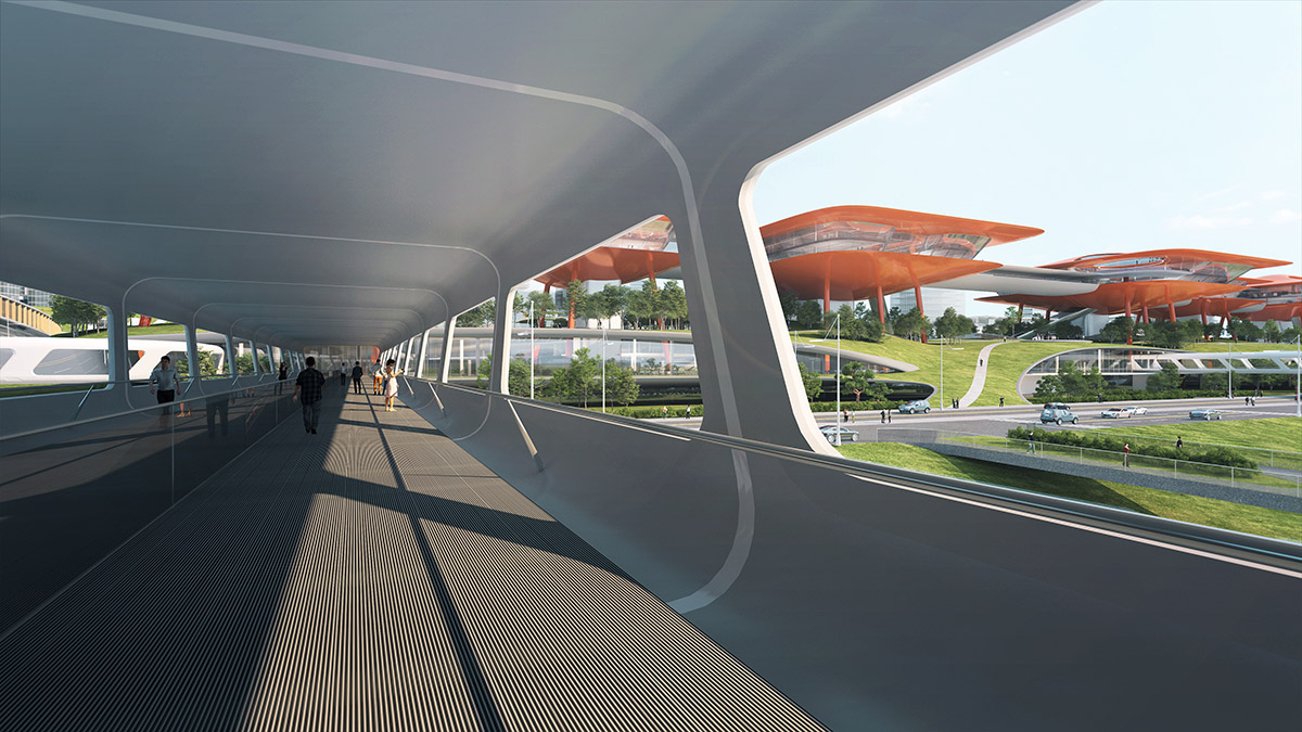 MAD designs futuristic walking city for cruise centre with elevated gantry crane-looking buildings 