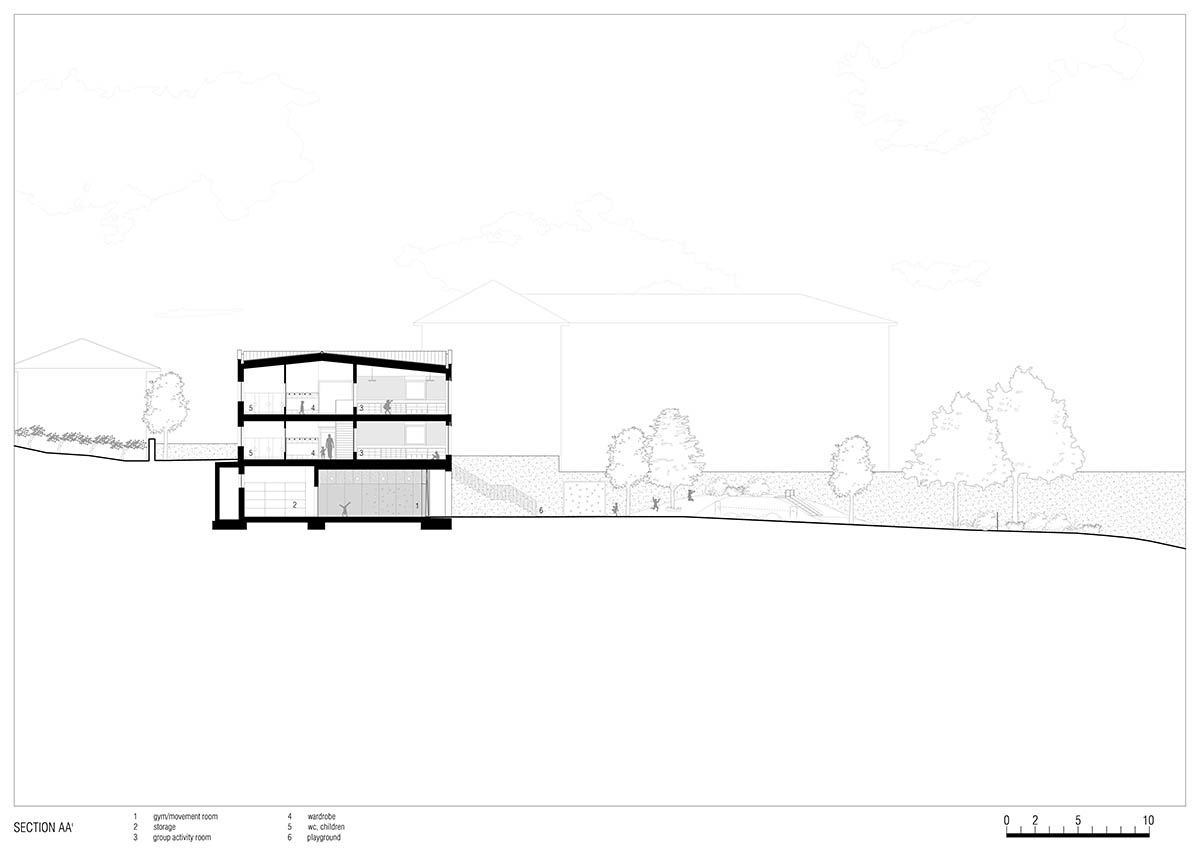 Zigzagged-profiled school featuring trapezoidal legs evokes traditional Tartan fabric in Terlano