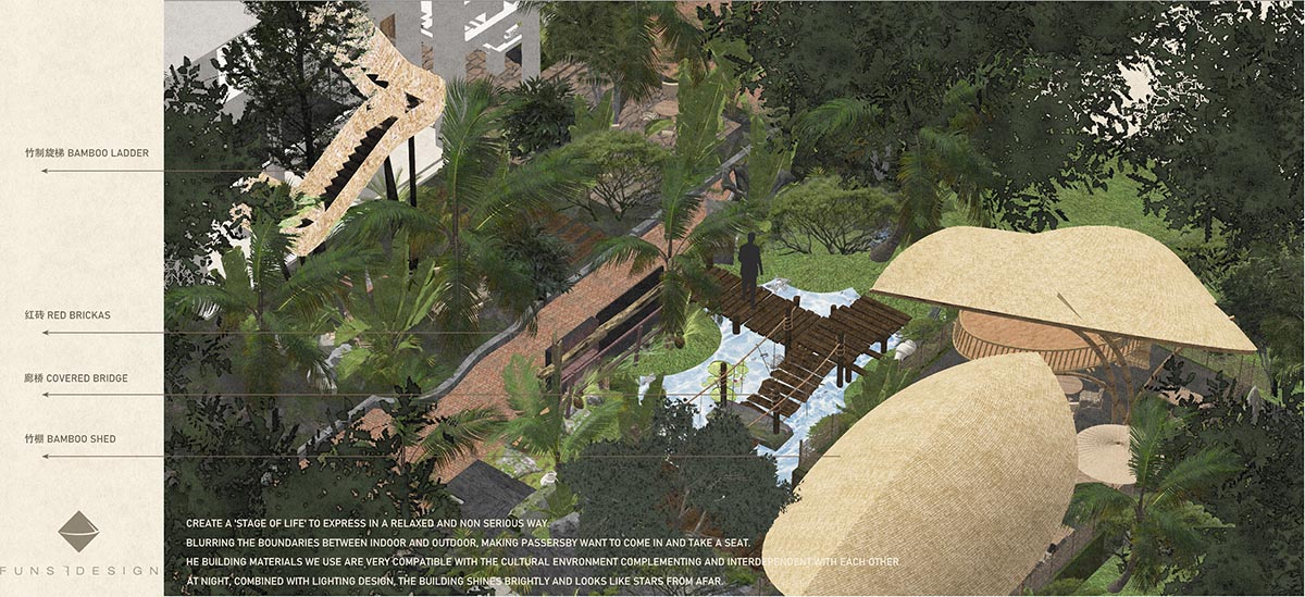 Bamboo ladder and sheds surround cafe and resturant designed by Funs Design in China 