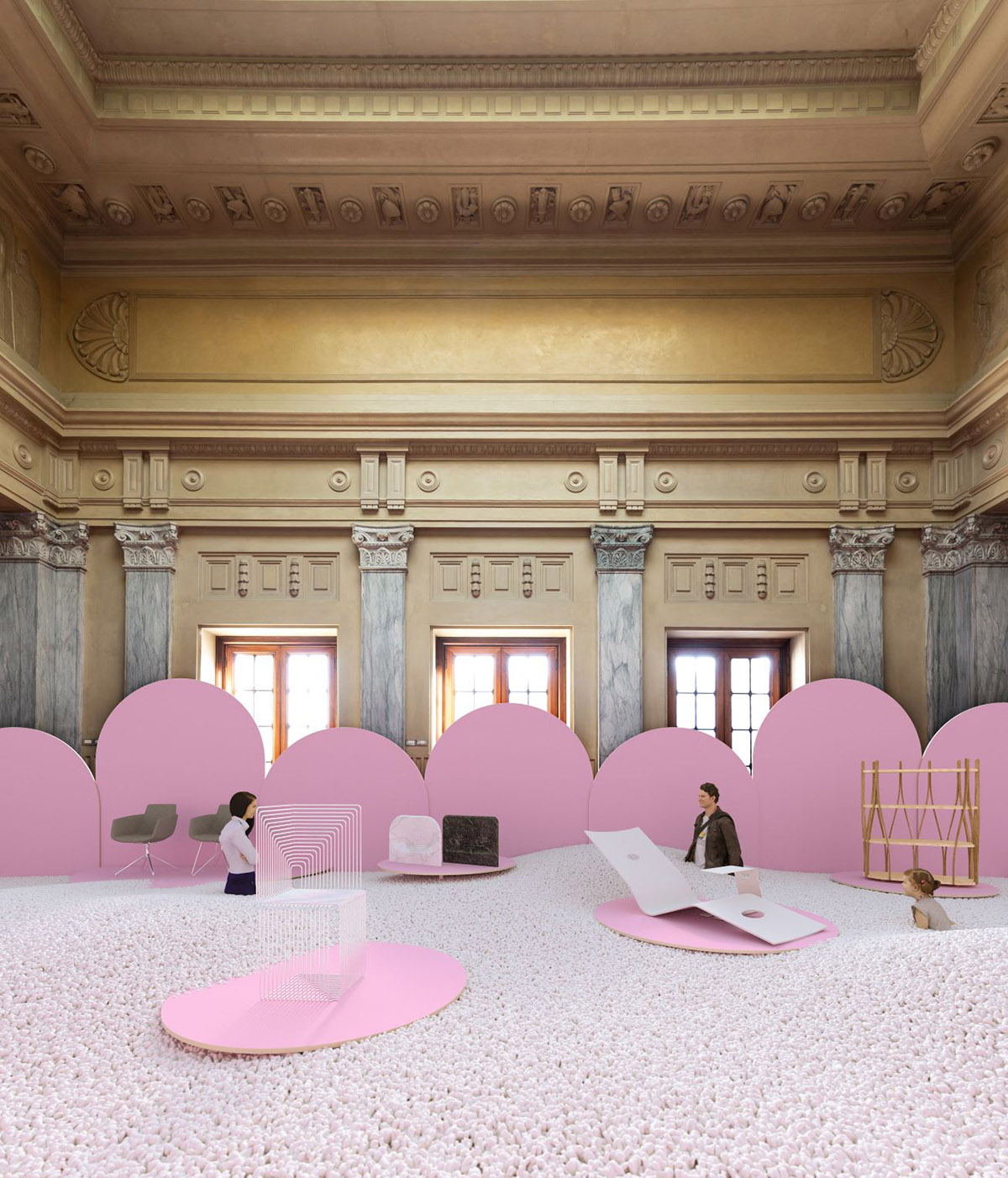 Vasku & Klug transfroms Sala Reale into design pool filled with pink-colored arches and a sea of foam