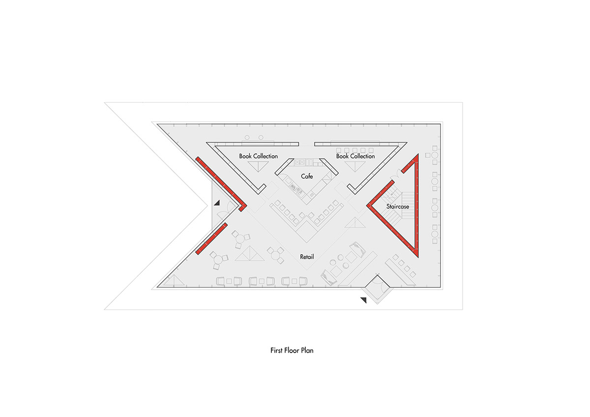 Wutopia Lab elaborates bookstore with red triangular bookshelves for Tianya Books in China 