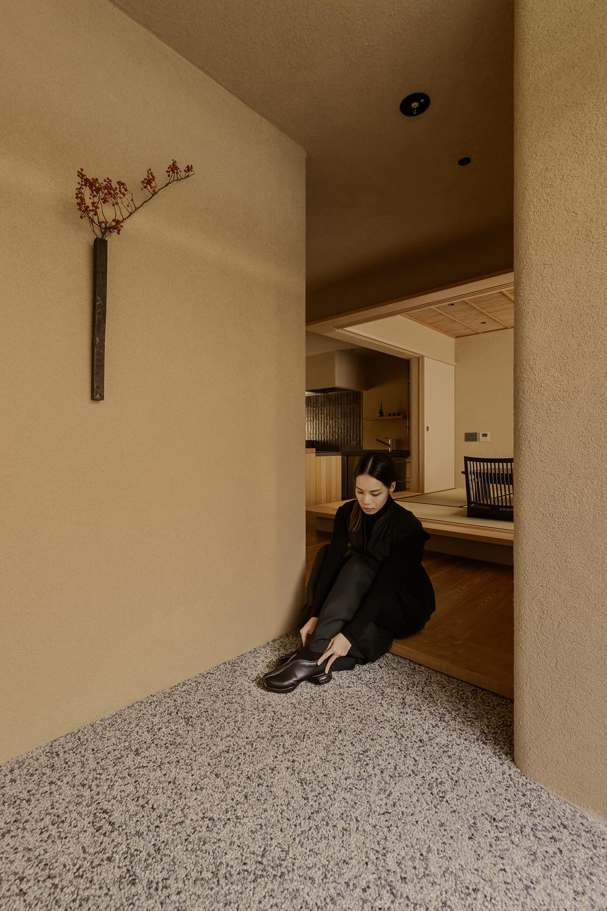 kooo architects creates a wooden interior sanctuary for contemporary accommodation in Kyoto City