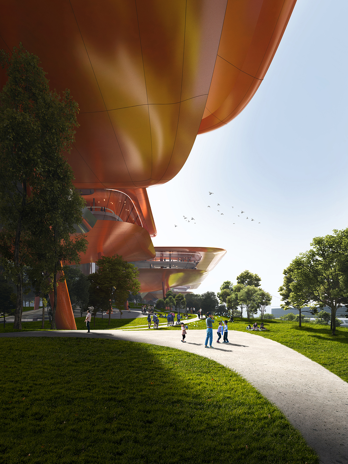 MAD designs futuristic walking city for cruise centre with elevated gantry crane-looking buildings 