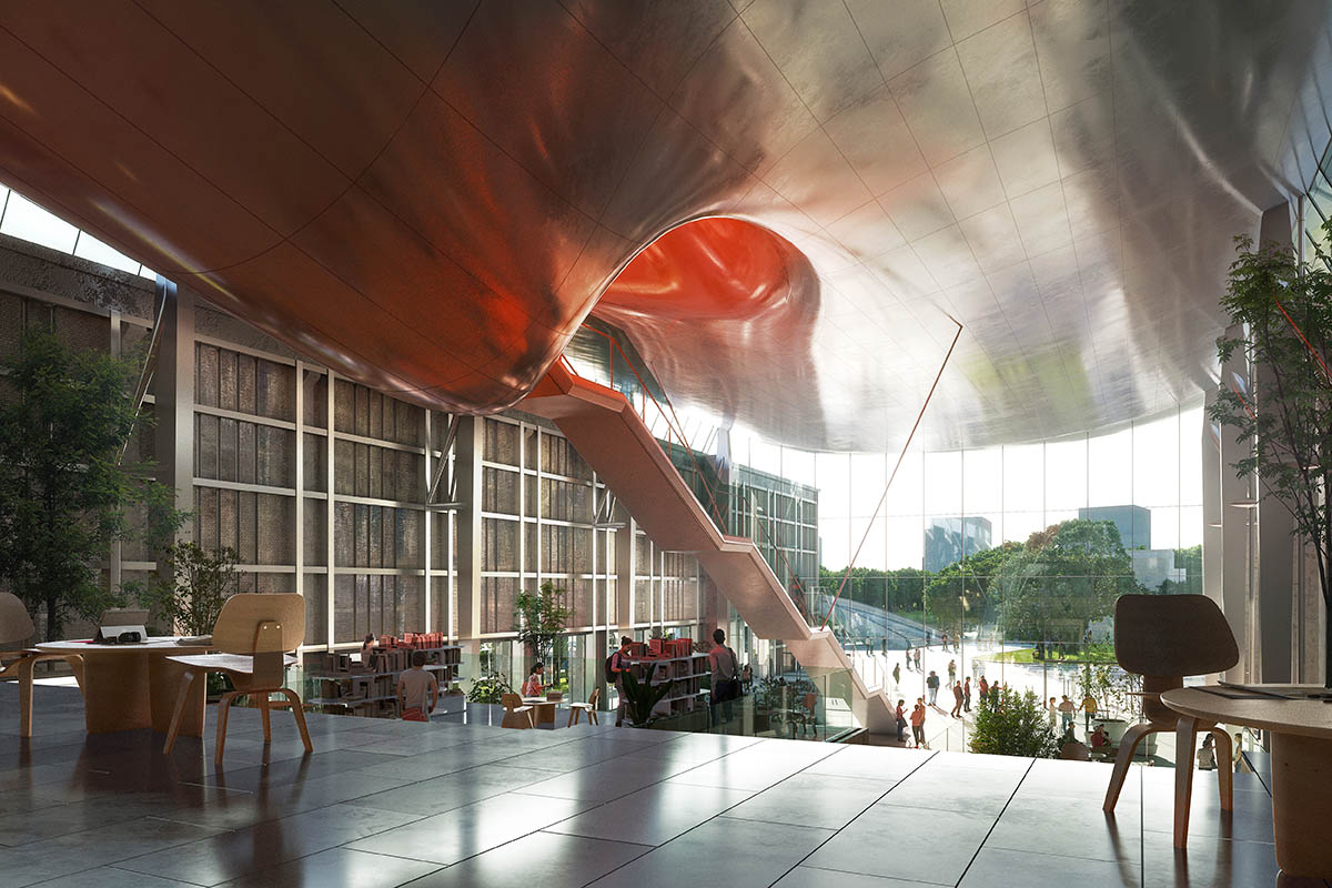 MAD unveils design to extend old cement factory warehouse with spaceship-like floating volume