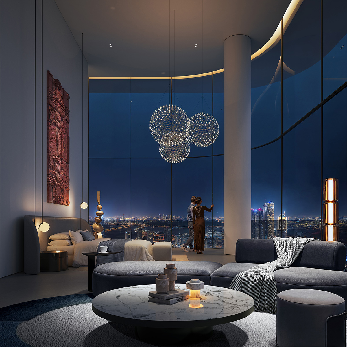 MVRDV adds a glowing pearl ovoid structure to the sky lounge of Inaura tower