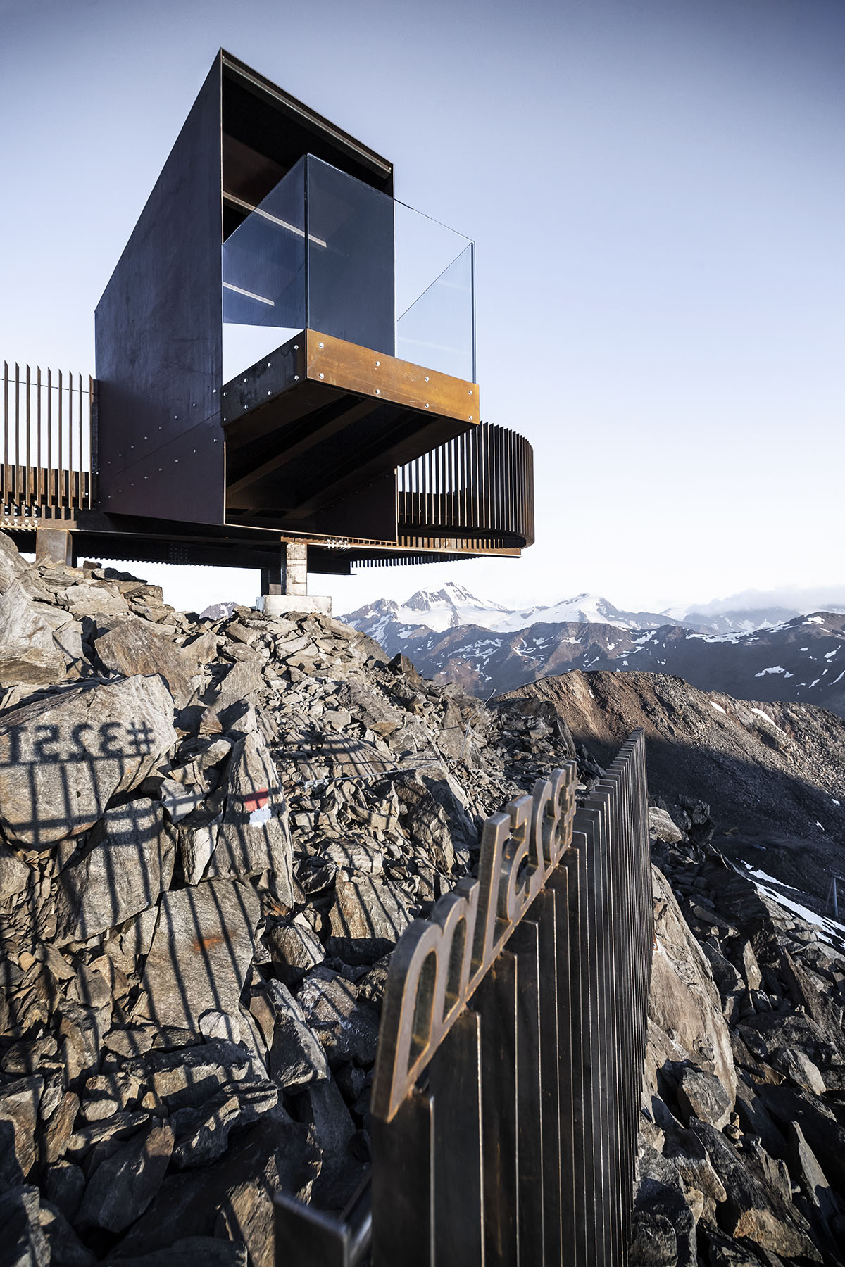 noa* network of architecture built corten steel viewing platform on the Schnals Valley Glacier ridge