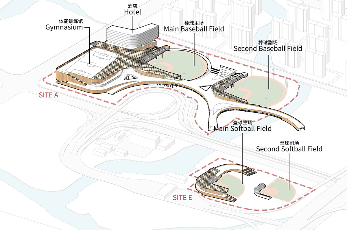 UAD completes sports cultural center with white slender columns in China