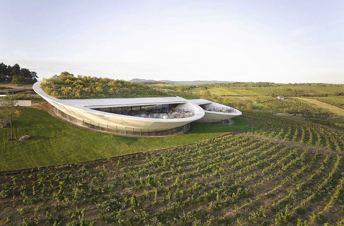Two circular hovering volumes form a winery perched atop the Padi Hill in Hungary