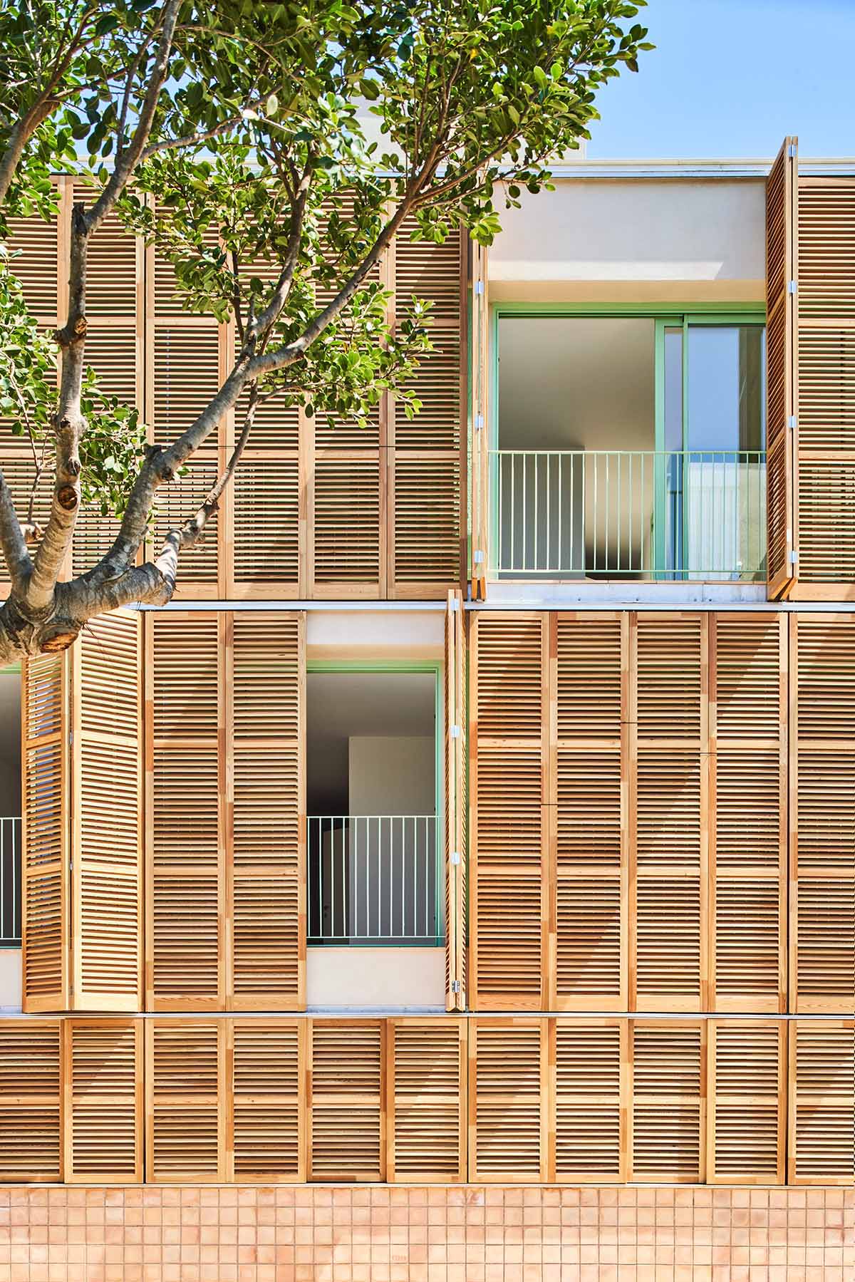 Social housing is characterized by dense wooden shutters in Inca, Spain