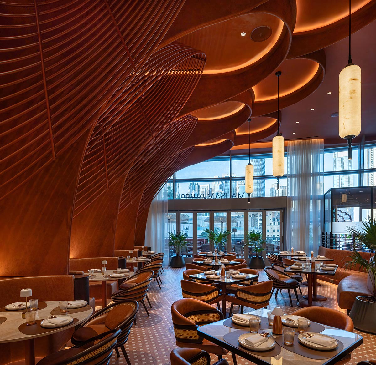 Mausam is a dining space that translates Mughal arches into a sculptural ceiling in Dubai