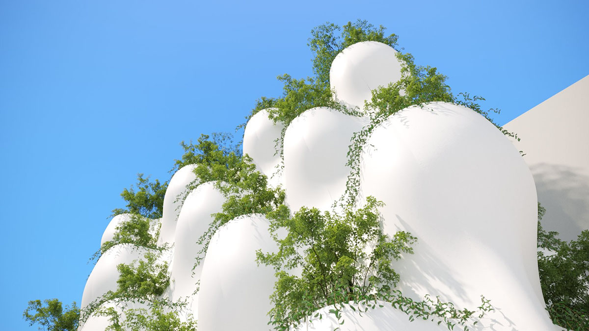 SAVA designs showroom wrapped by bulbous-formed planters on façade in Vietnam 