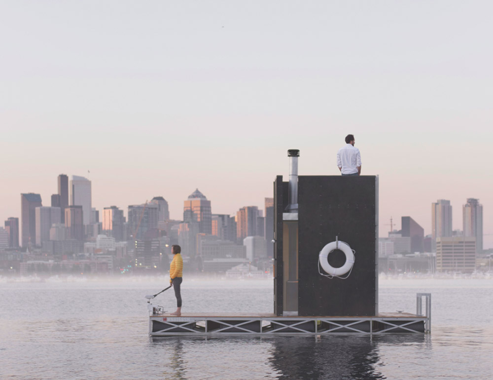 goCstudio designed floating mobile sauna overlooking at Seattle’s lakes