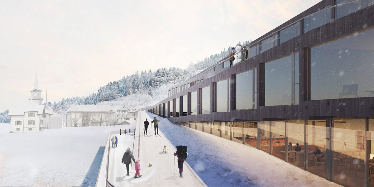 BIG releases plans for zigzag-shaped hotel allowing visitors to ski down atop of it in Switzerland