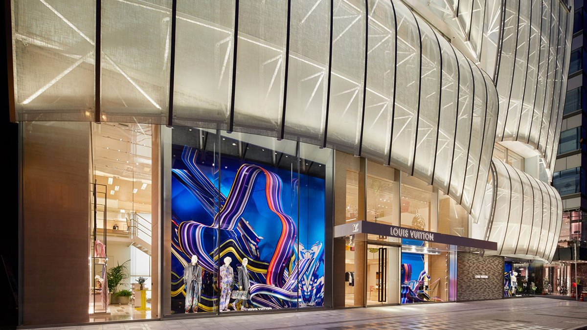 Louis Vuitton store Tokyo designed with perforated monogrammed facade