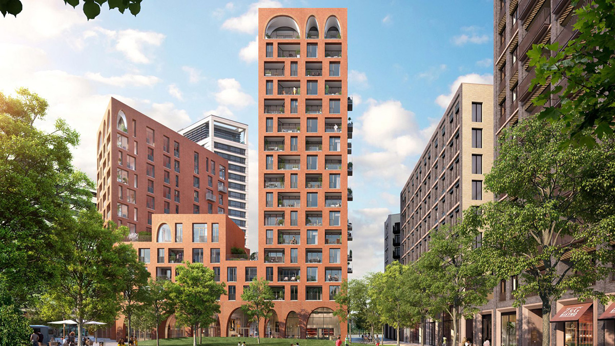 Alison Brooks Architects designs mixed-use urban block with red archways in London's King's Cross