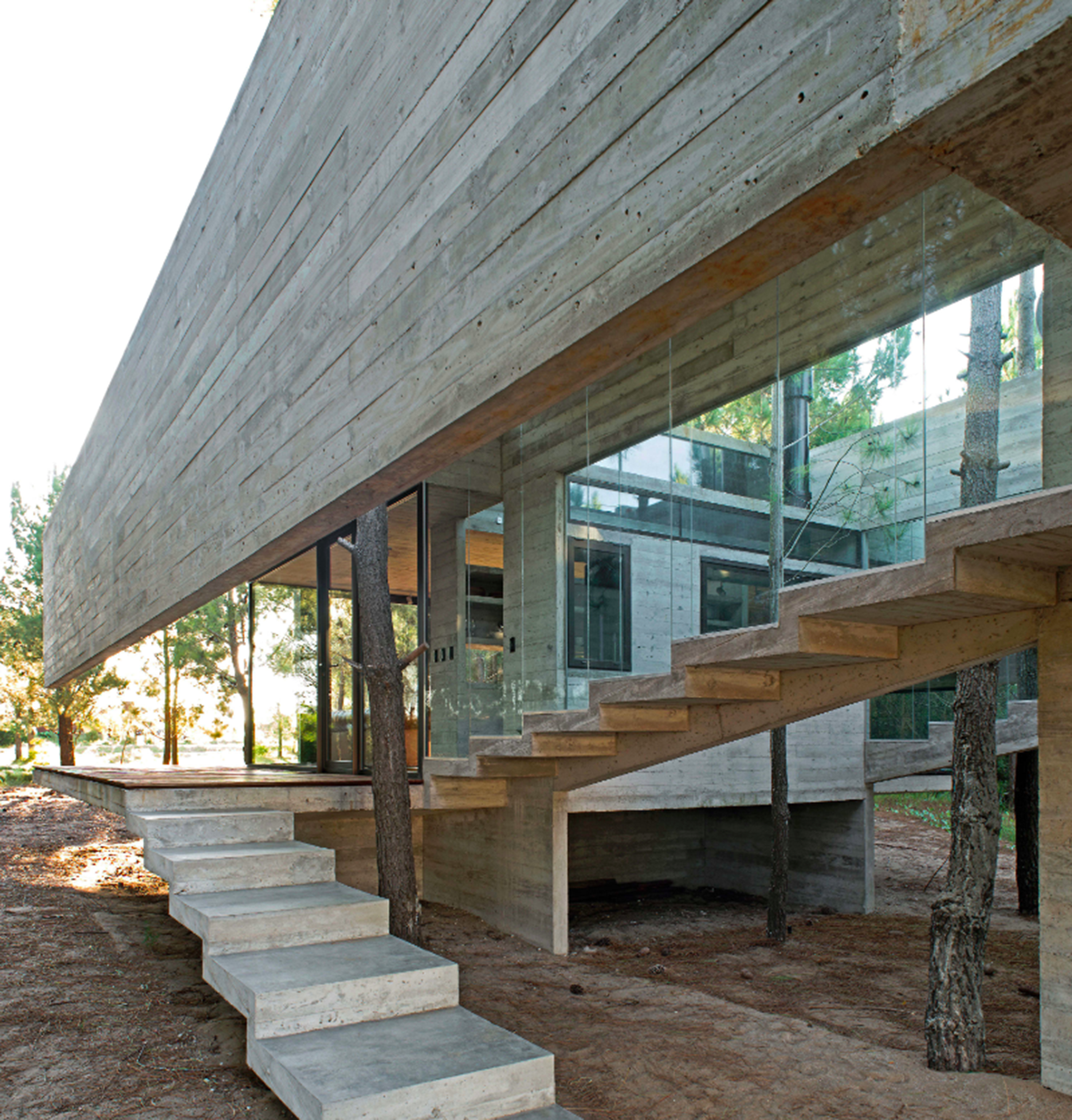 Partially open S+J family house by Luciano Kruk placed in the pine forest of Costa Esmeralda