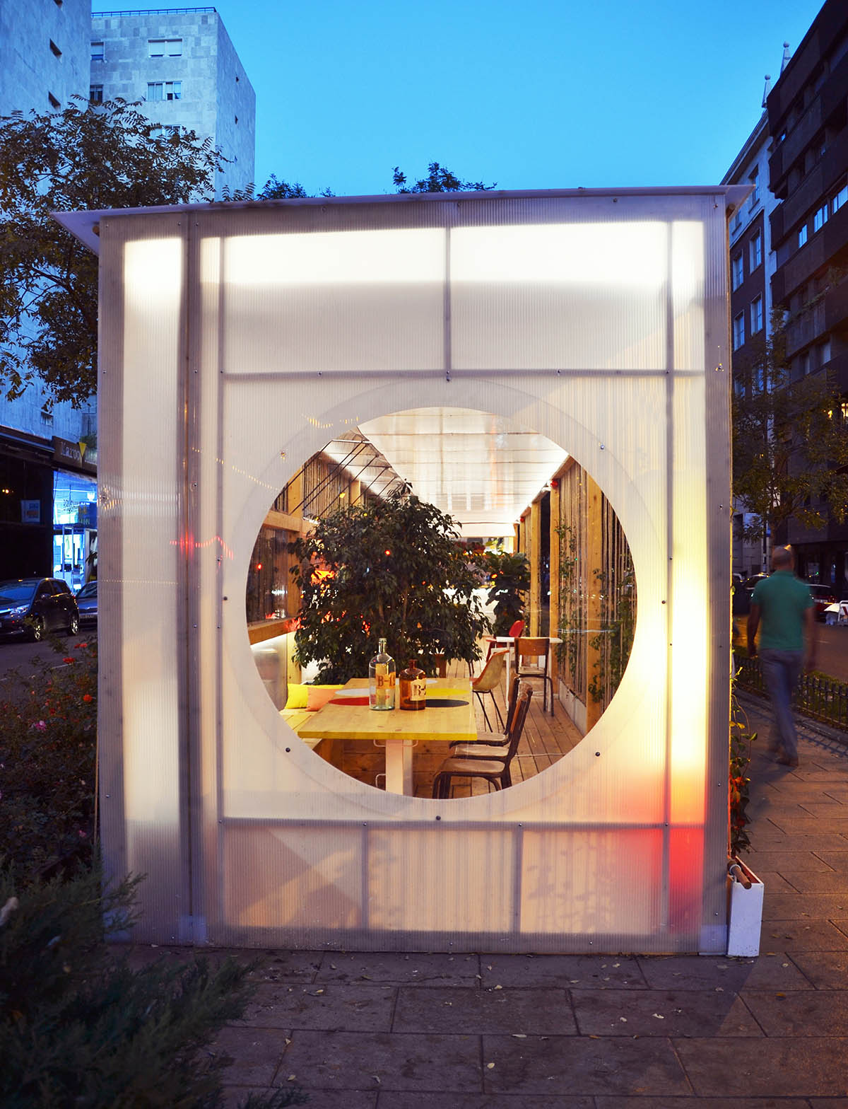 delaVegaCanolasso completes moveable urban pavilion with striped-facade in Madrid