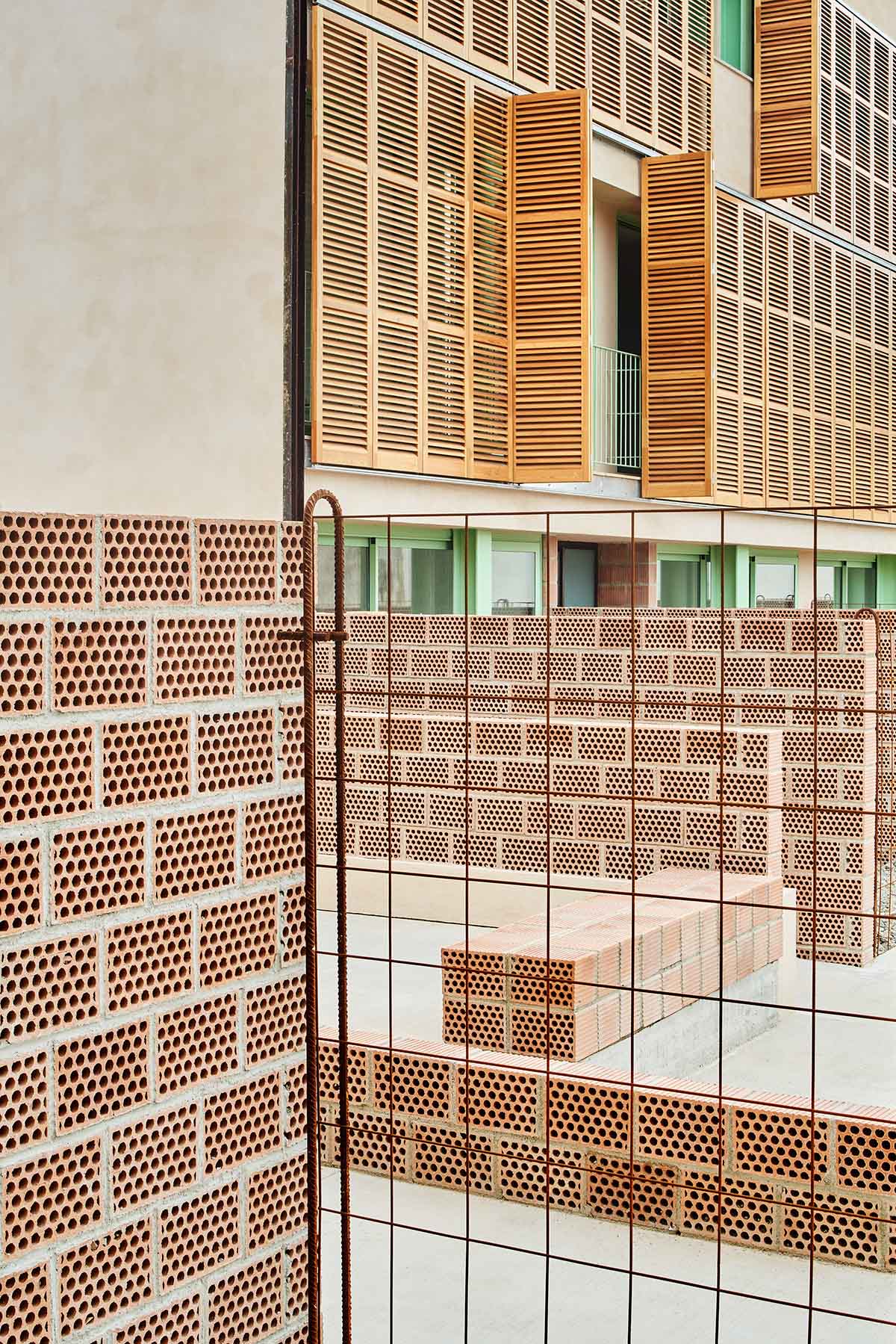 Social housing is characterized by dense wooden shutters in Inca, Spain