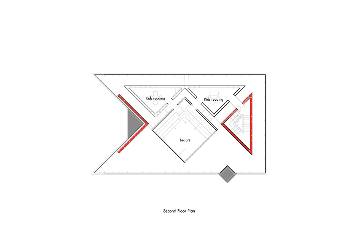 Wutopia Lab elaborates bookstore with red triangular bookshelves for Tianya Books in China 