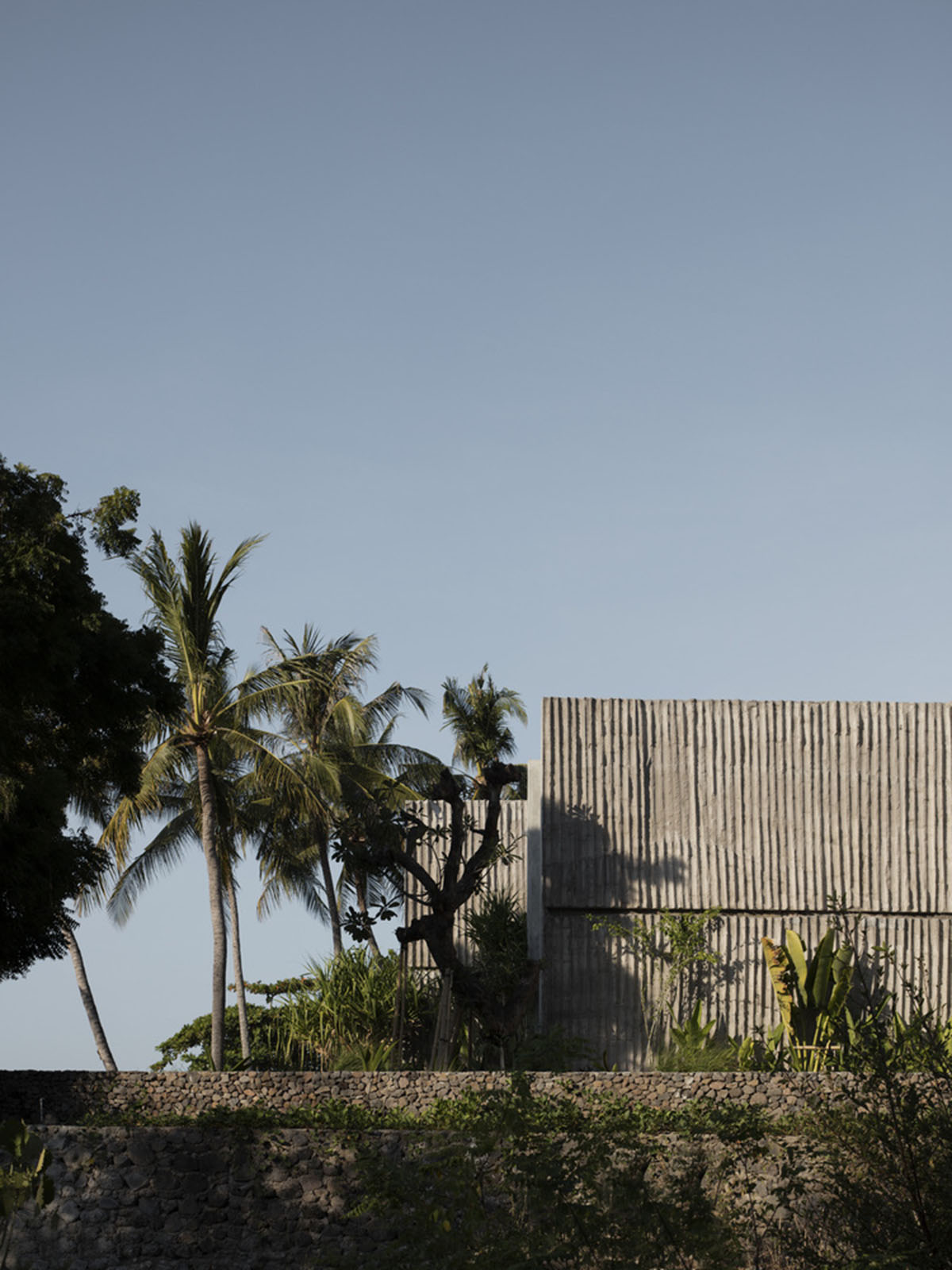 Linear concrete walls hide hotel rooms overlooking lush forest on the northern coast of Bali