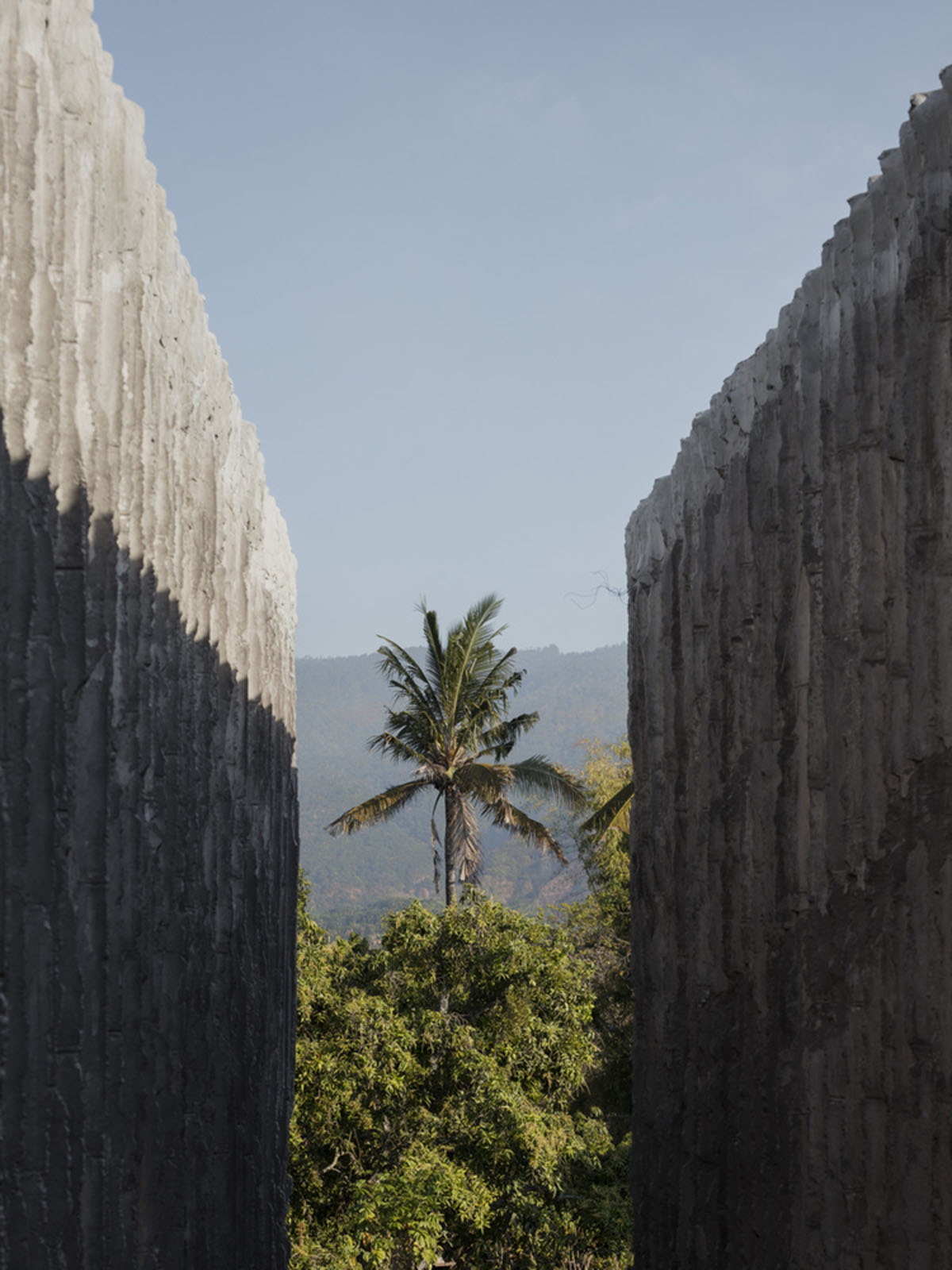Linear concrete walls hide hotel rooms overlooking lush forest on the northern coast of Bali