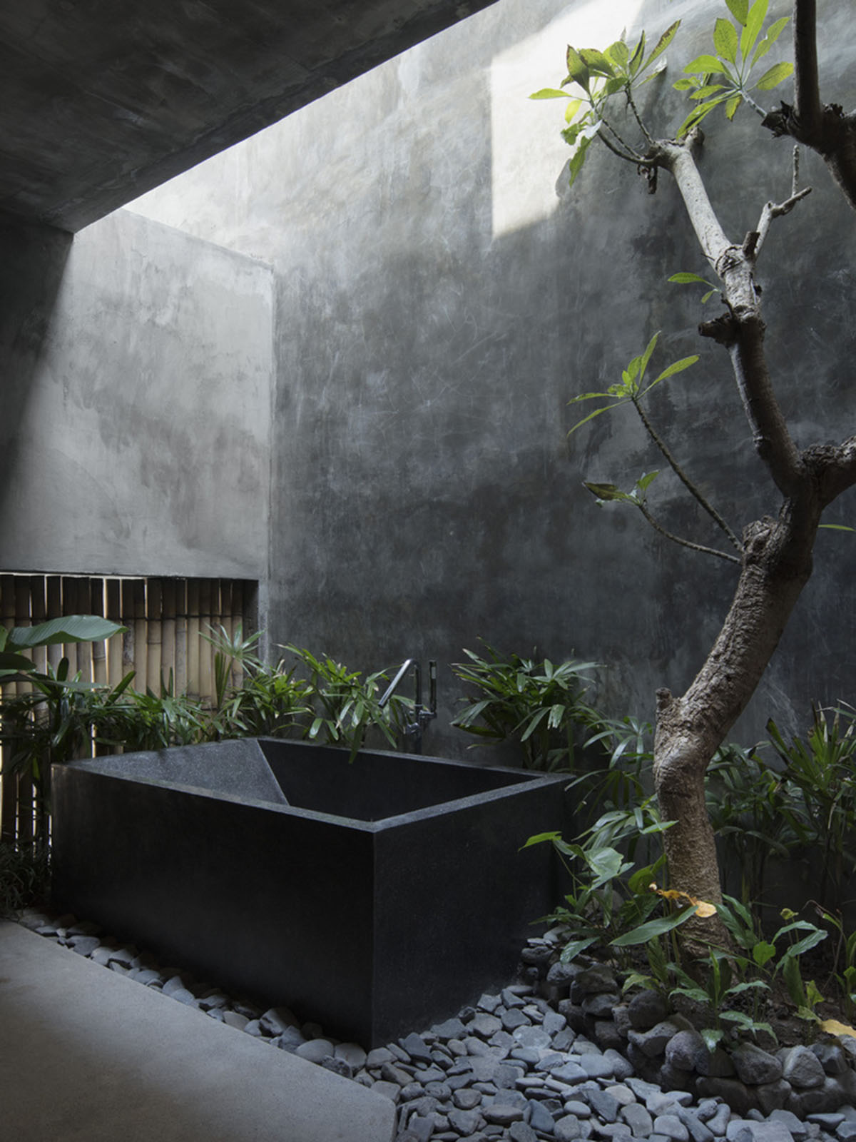 Linear concrete walls hide hotel rooms overlooking lush forest on the northern coast of Bali