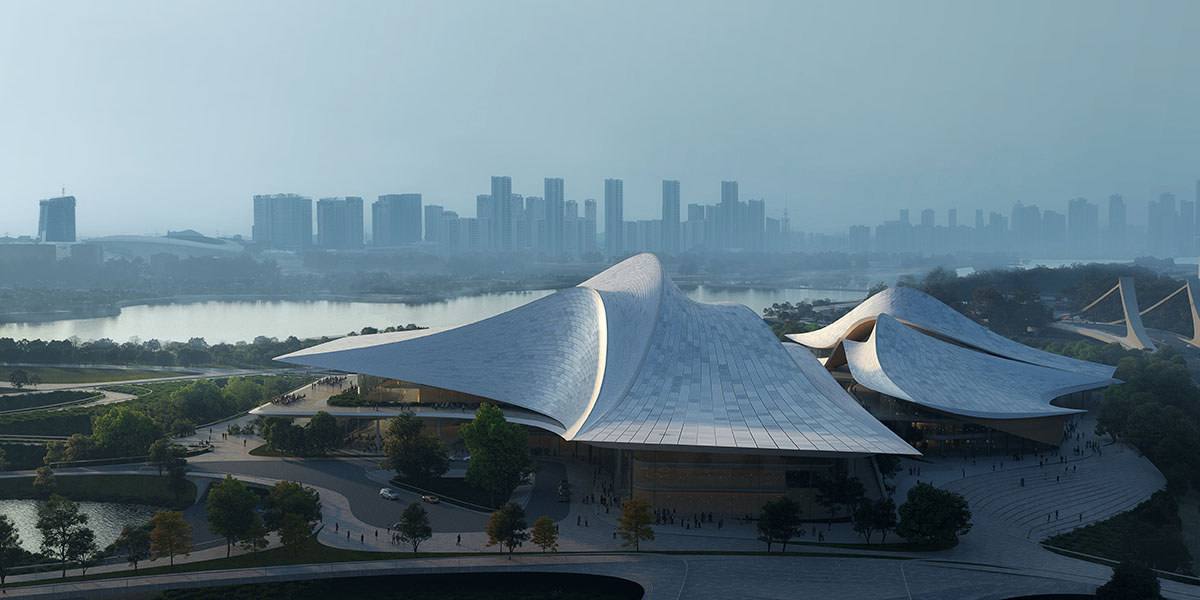 ZHA unveils design for culture and art centre with large, wavy, and sloping roofs in Shaoxing, China