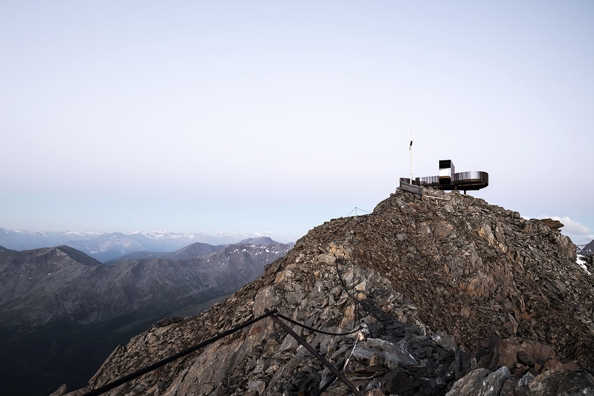 noa* network of architecture built corten steel viewing platform on the Schnals Valley Glacier ridge