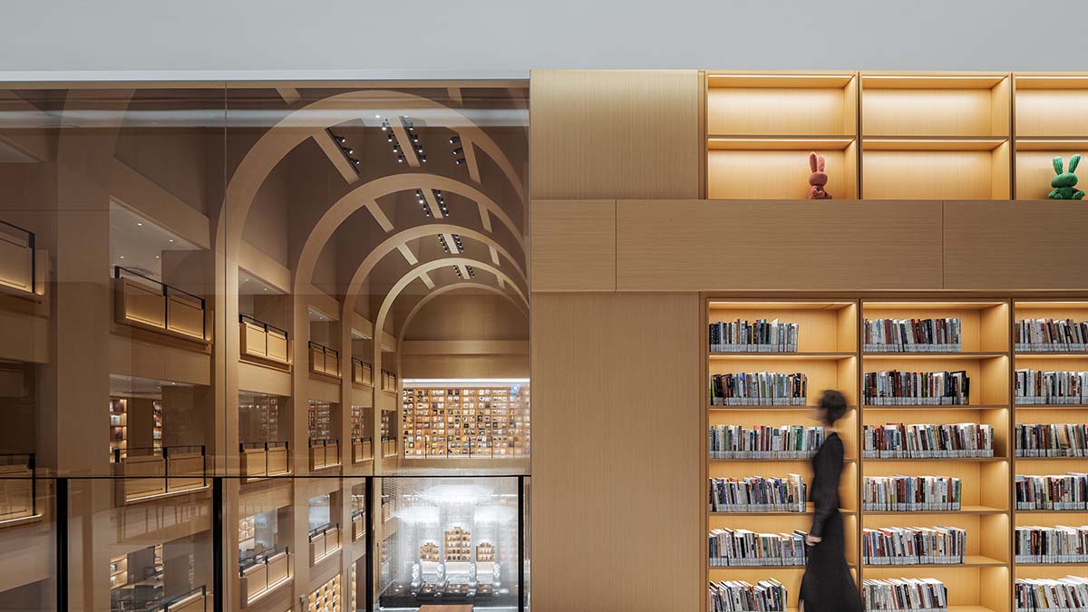 Zikawei Library features a spacious atrium with deep alcoves inspired by Chinese trousseau box